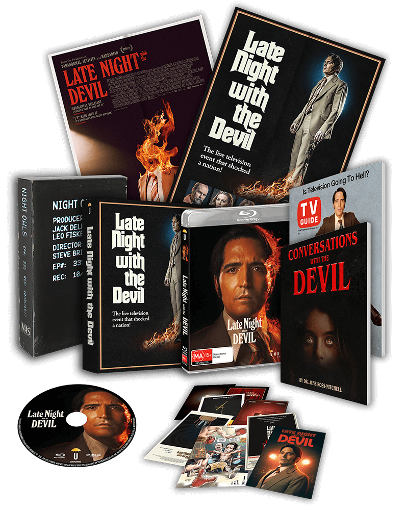 NIGHT OWLS FAN CLUB - Late Night With The Devil Collector's Edition (2024) (Blu-Ray +VHS +TVGuide +Book +Rigid case +Poster +Artcards)