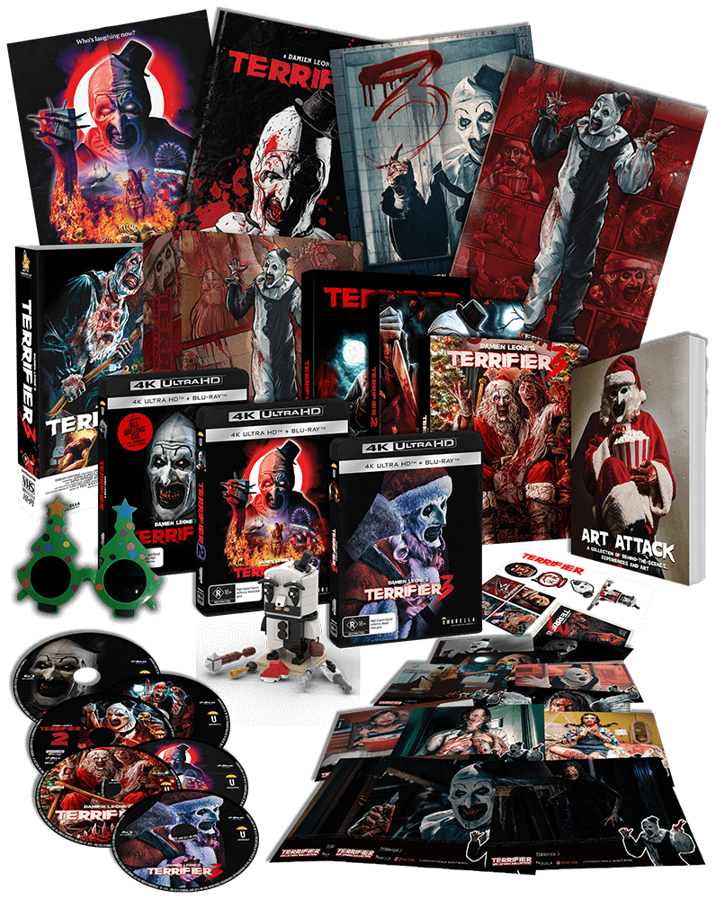 ART ATTACK - Terrifier Collector's Edition Boxset (4 Movie +Slipcases +Book +Brick Set +VHS +Sunglasses) 4K & Blu-ray