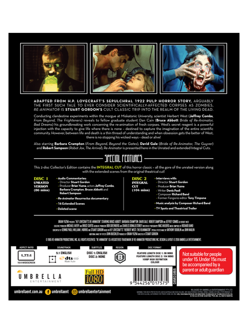 Re-Animator (1985) (Inc. Unrated & Integral Cuts) (Beyond Genres #1) Blu-Ray