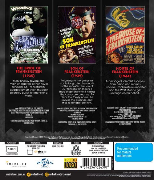 Bride Of Frankenstein (1983), Son Of Frankenstein (1939) & House Of Frankenstein (1944) (Retro Horror #1) Blu-Ray